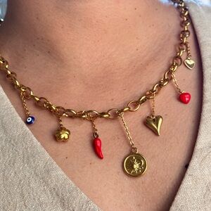 Gold Charm Necklace with Red Accents
